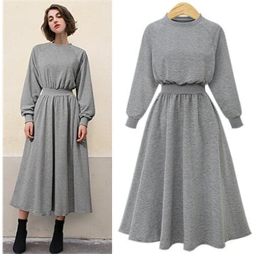 Womens Fall/winter Dress O-neck Long-sleeved Women Loose Elastic Waist Long Dress Plus Size Plus Size 5XL