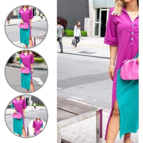 Women Accessory Chic Splice Side Split Shirt Dresses Mid-calf Dress Breathable for Holiday