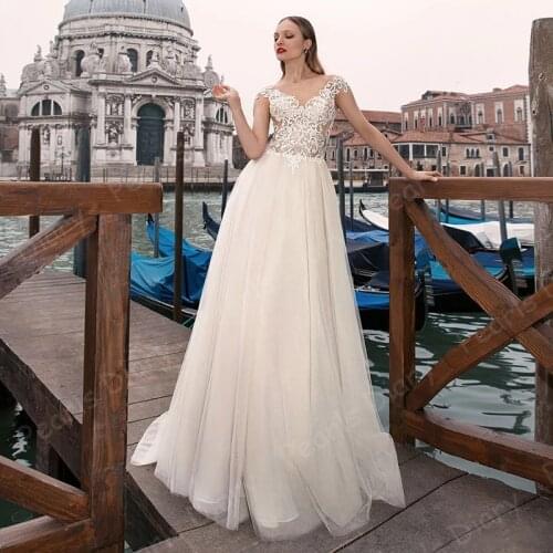 Robe De Mariee 2021 Elegant Beach A-line Wedding Gowns For Women Bride Dresses Lace Applique Sweep Train Cap Sleeve Bridal Dress