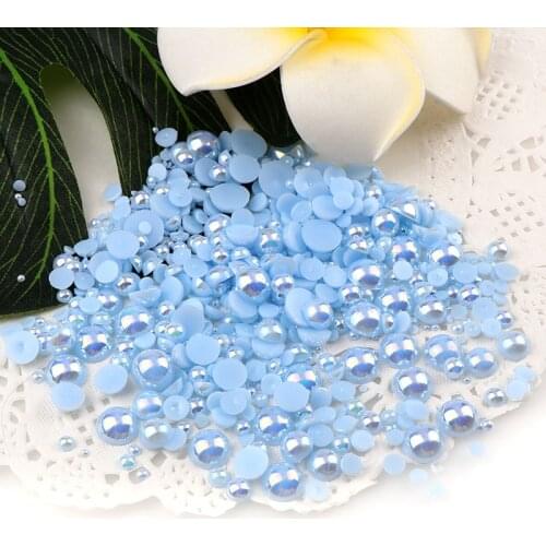 1000pcs Mixed size Imitation Pearls Half Round Flatback Shiny Light Blue Beads Nail Art DIY Rinestone Decoration Manicure Tools