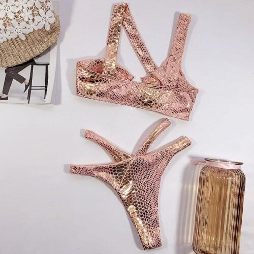 2021 Sexy Snake Print Shiny Thong Bikini Female Swimsuit Women Swimwear Brazilian Bikini set Asymmetric Bather Bathing Suit Swim