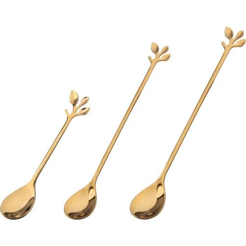 3 Size Creative Stainless Steel Spoon Gold Plated Coffee Spoon Stirring Spoon Leaves Spoon Ins Hot Long Handle Wedding Ceremony