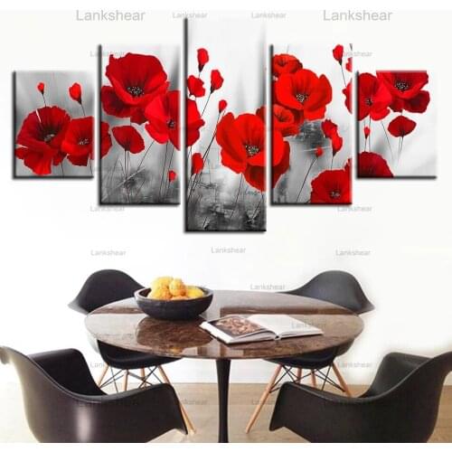 5 Pieces Modern Canvas Printed Pictures Romantic Poppy Paintings Red Flowers for Living Room Home Decor No Frame