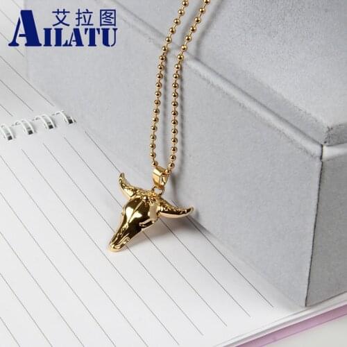 Ailatu Mens Bull Skull Head Pendant Cow Charm Necklace For Men Jewelry