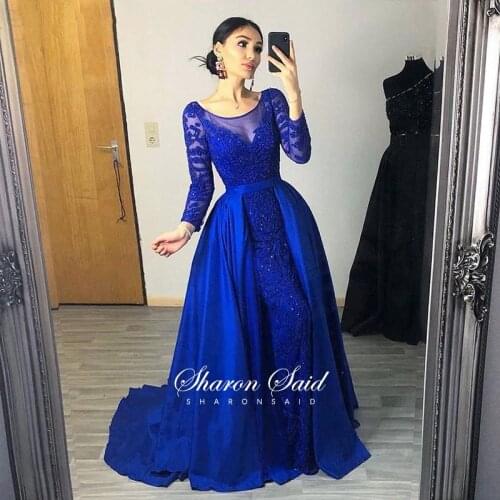 Arabic Royal Blue Muslim Evening Dress Long Sleeve Overskirt Luxury Beaded Dubai Emerald Green Formal Dresses Long Party Gowns