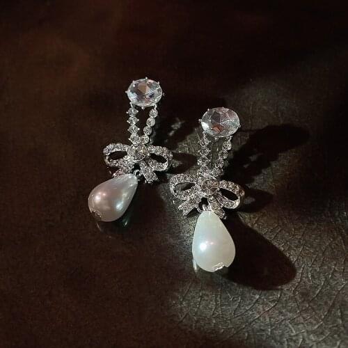 Shinning Rhinestone Bowknot Pearl Drop Earrings For Women Korean New Jewelry White Statement Earings