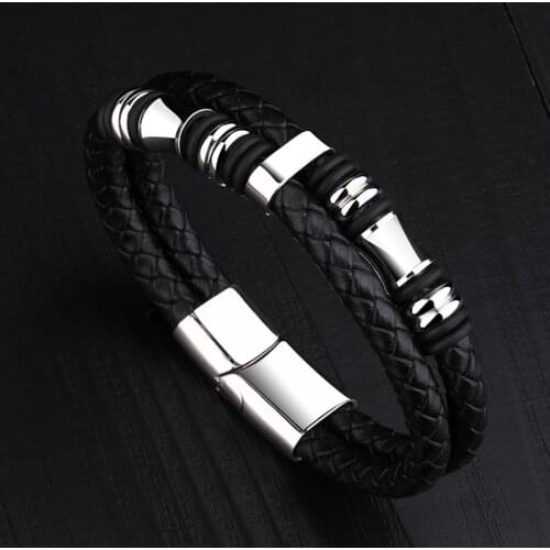 New Arrival Vintage Black Men’s Genuine Leather Bracelets with Two Layers Cuff Bracelet for Men 18.5/19.5/20.5/22cm