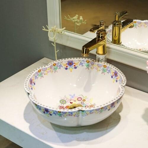 Flower white China bathroom vanities chinese Art Counter Top ceramic hand wash basin bathroom sink