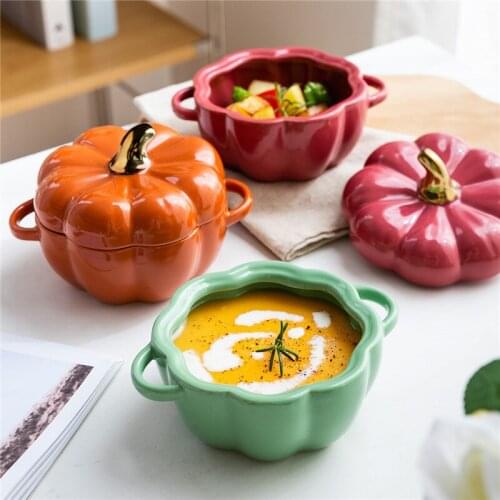 European Ceramic Creative Cute Pumpkin Shape Baking Bowl With Lid Soup Salad Bowl Kitchen Bakeware Oven Dessert Pan Tableware