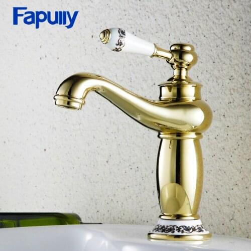 Fapully Gold Bathroom Sink Faucet Deck Mounted Single Handle Basin Faucet Gold Cold and Hot Mixer Taps 703-11G