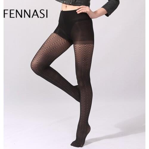 FENNASI Jacquard Wave Striped Womens Pantyhose Print with Wave Pattern Sexy Pantyhose Nylons Lady Female Erotic Black Tights