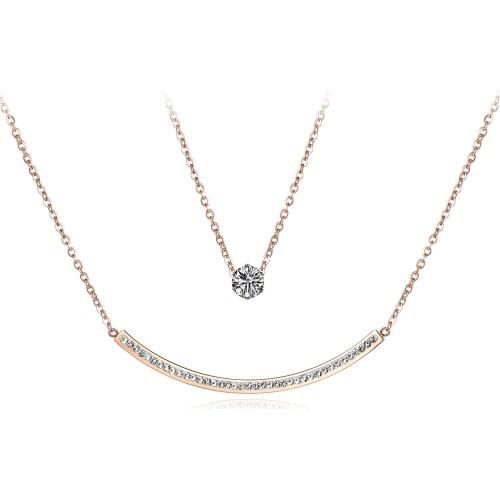 JeeMango Classic Cubic Zirconia Double Chain & Link Necklaces Jewelry Titanium Steel Rose Gold Chokers Necklace For Women N18061