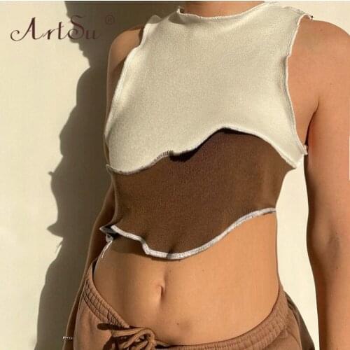 ArtSu Round Neck Hit Color Casual Sleeveless Crop Top Slim Fashion Women Summer Tank Top Streetwear Female Sexy Tops