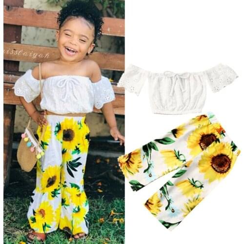 Summer Toddler Kids Baby Girl Clothes Lace Off shoulder Crop Tops Sunflower Pants Outfits Set Clothes