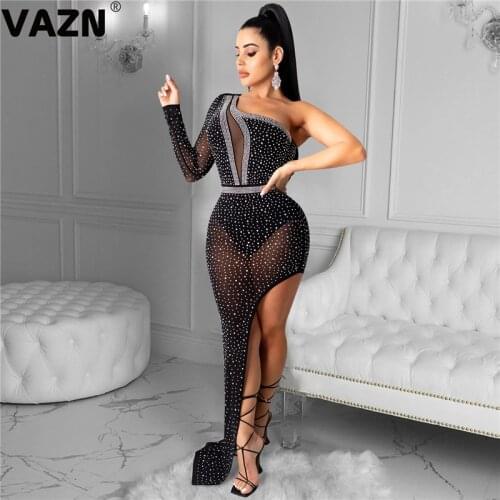 VAZN 2021 Hot List High-end Diamonds Solid Sexy Club Full Sleeve One Off Shoulder Sweet Women High Waist Thin Maxi Dress