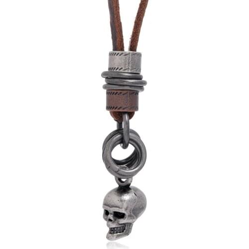 Men Leather Necklace Skull Pendant Retro Long Brown Rope Chain Adjustable Circle Alloy Jewelry Handmade Genuine Leather Necklace