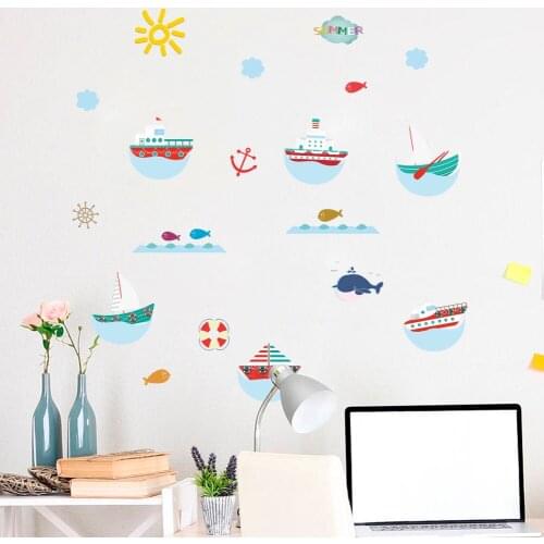 Seabed world Fish boat Wall Sticker Cartoon Wall Sticker For Kids Rooms Bathroom Home Decor Nursery quarto Decals Poster