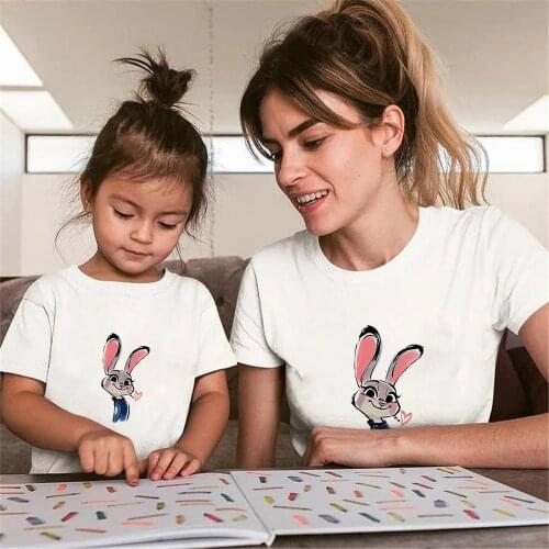 New Summer T Shirt Short Sleeve Zootopia Judy Print Mommy And Me Tshirts Cartoon Kawaii Family Matching Clothes Outfits