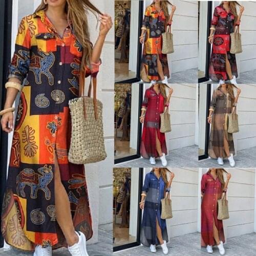 2021 Autumn New Fashion Long-Sleeved Shirt Dress Printed Mid-Waist Long Dress Temperament Commuting