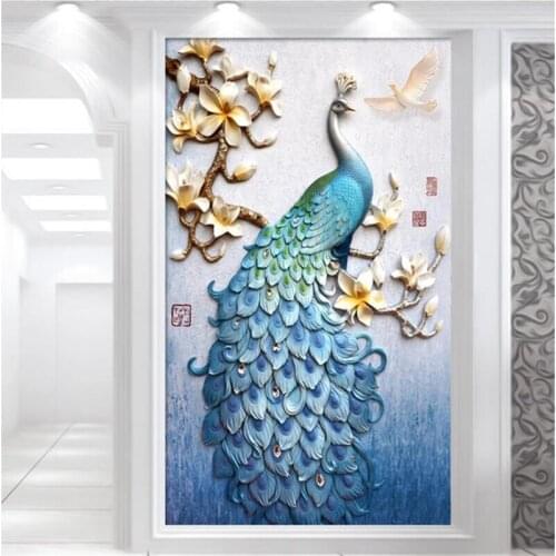 Beibehang Customized wallpaper 3d mural new Chinese style three-dimensional magnolia flower color carving peacock porch 3d обои