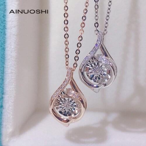 AINUOSHI 18K Gold Round Cut 0.06ct Real Diamond Dancing Fashion Pendant Necklace Valentines Day Women Fine Jewelry 18