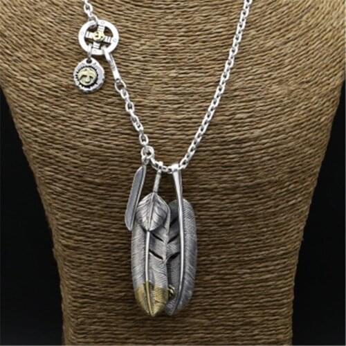 56.1g 100% Real 925 Sterling Silver Necklace Men Vintage Feather Charm Pendant Designer Jewelry for Men Women Free Gift Box