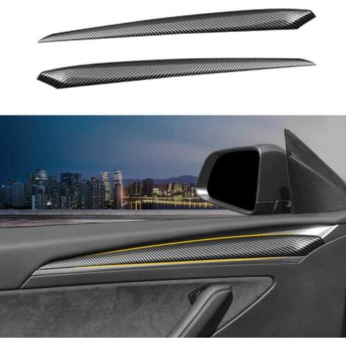 Fit For Tesla Model 3/Y 2021 Glossy Carbon Fiber ABS Inner Door Panel Strip Trim 2pcs
