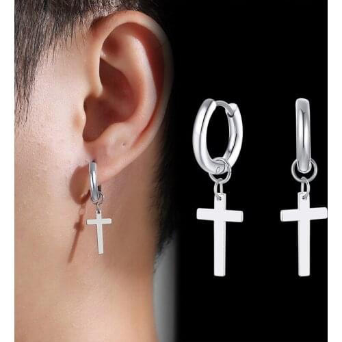 Minimalist Cross Dangle Earrings for Men Women Anti Allergy Stainless Steel Drop Small Hoop Metal Ear Gifts Unisex Jewelry