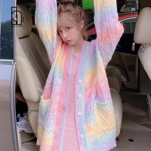 Luck A Rainbow Knitted Cardigan Cute Autumn Spring Sweet Kawaii Sweater Coat Female Long Korean Button Down Cardigan Fall Woman