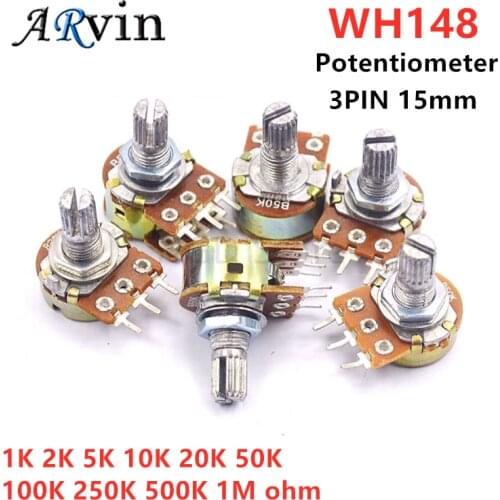 5Pcs WH148 B1K B2K B5K B10K B20K B50K B100K B500K 3Pin 15mm Shaft Amplifier Dual Stereo Potentiometer 1K 2K 5K 10K 50K 100K 500K