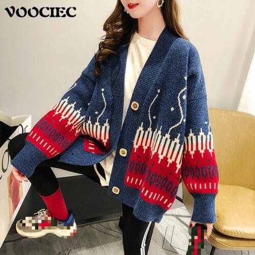 VOOCIEC Autumn and winter Academic style Loose girl lovely cardigan sweater bubble sleeve Long cartoon sweater