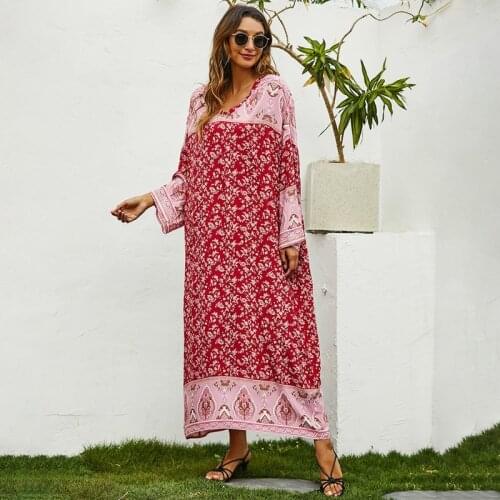 V-Neck Long Sleeve Maxi Dress Pink Blooms Floral Print Rayon Kaftan Modest Dubai Abaya Caftan Tunic Loungewear Home Comfy Pajama
