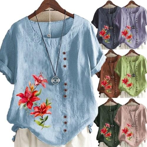 Womens New Fashion O-neck Floral Printed Short Sleeve Tops Loose Linen T-Shirt Casual Blouse S-5XL