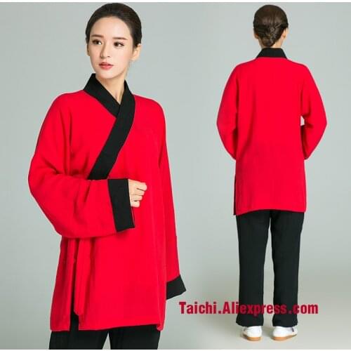 Surplice Handmade Linen Tai Chi Uniform Women Female Kung Fu martial Art Suit Chinese Stlye Sportswear Red Jacket black Pants