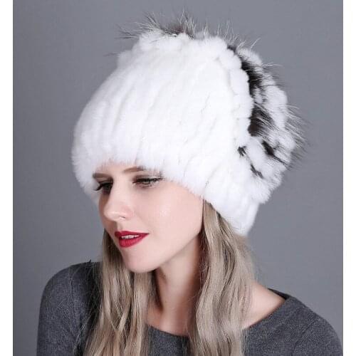 Women Casual Natural Rex Rabbit Fox Skin Mushroom Shape Caps Fur Hat Beanies Knitted Outdoor Winter Warm