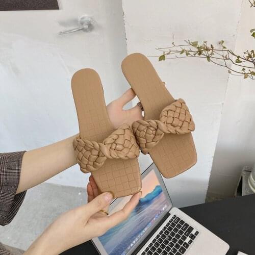 LAASIMI Weave Women Slippers for Ladies Fashion Elegant Uutside Slides Shoes Woman Flat With Soild Footwear Soft Summer Shoe New