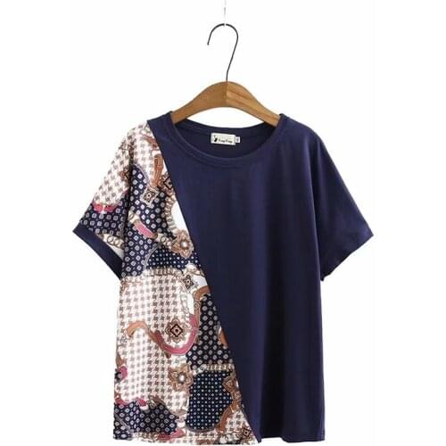 Plus size Patchwork O neck women loose short sleeve tshirts 2020 new summer casual ladies soft t shirt female tops t-shirts navy
