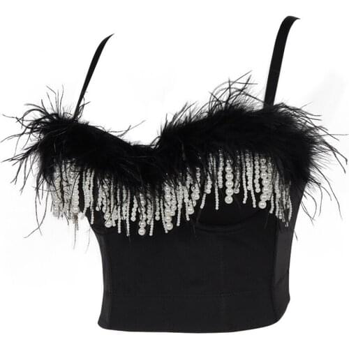 2021 Spring Feathers Beads Sexy Short Sleeveless Top Women With Built In Bra Push Up Bralette Nightclub Performance Crop Tops