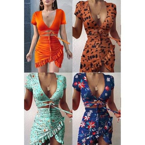 Womens Digital Print Short Skirt Dress 2021 Summer New Fashion Sexy V-Neck Short Sleeve Ruffled High Waist Irregular Mini Dress