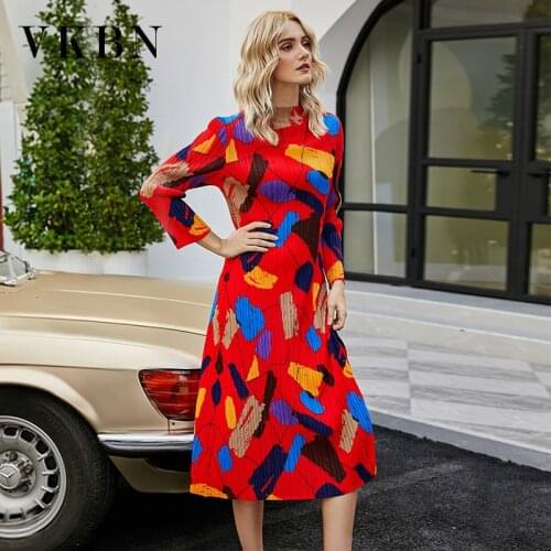 VKBN Red Dresses for Women Party Printed Geometric Slim Pleated Loose Temperament Long Sleeve Clothing Women Mid-Calf