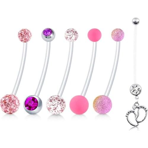 14G 1&1/2 Inch Length 6 Style Pregnancy Maternity Flexible Bioplast Long Belly Button Rings Navel Retainer Body Piercing