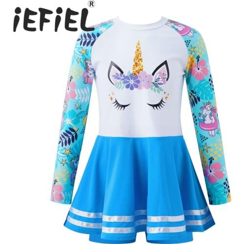 Kids Girls 3pcs Swimsuits Swimwear Long Sleeves Cartoon Print Dress and Shorts Set Beachwear Swimming Bathing Rashguard Outfits