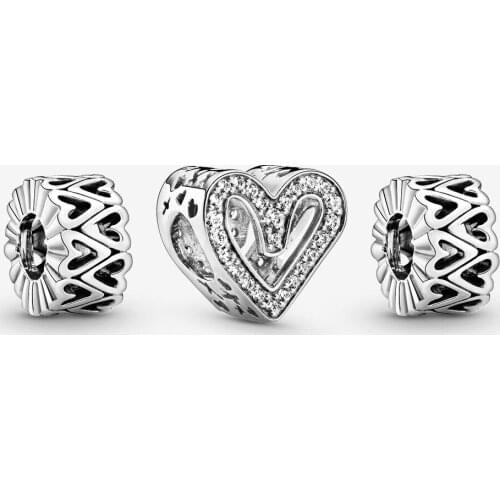 2020 100% Real 925 Sterling Silver Freehand Hearts Charm Set Fit pandora Charm Bracelet Fashion cutout Heart Bead DIY Jewelry