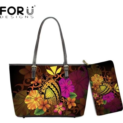 FORUDESIGNS Women Large Capacity Totes Bag Set Hawaiian Polynesian Turtle Plumeria Hibiscus Print Ladies Purse And Shoulder Sac