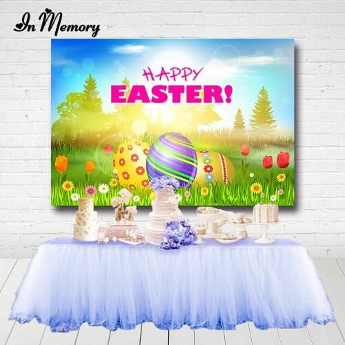 InMemory Happy Easter Photography Backgrounds Painted Eggs Green Grass Spring Backdrops For Photo Studio Custom Poster