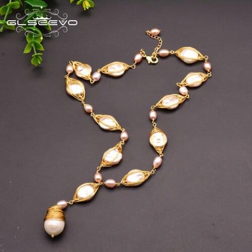 GLSEEVO Handmade Fresh Water Baroque Pearls Enthic Pendant Necklace For Girls Engagement Womens Gifts 925 Silver Jewelry GN0103