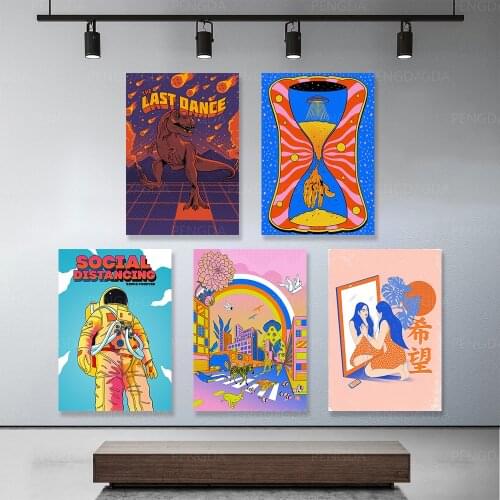 Art Modular Prints SOCIAL DISTANCING Girl Hope Canvas Painting Picture Modern Frame Dinosaur Poster Decor Home Living Room Wall