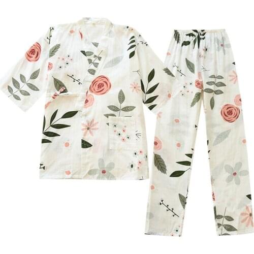 Summer Thin Flower Women Pajamas Sexy 100% Cotton Lingerie Pyjama Pijamas Set Japanese Shirt&Pant 2PCS Slepwear Nightwear XL