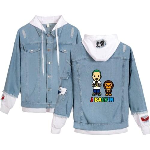 Trendy Men Women J BALVIN Denim Jacket Tupac Amaru Shakur Hooded Denim Jacket Fashion Boy Jean Jackets Outwear Unisex Cowboy