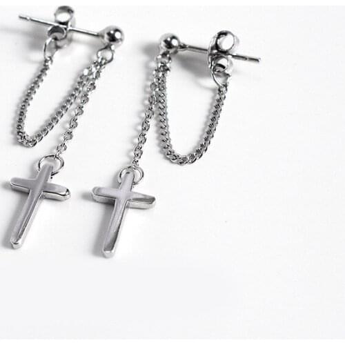 Fashion Silver Color Tiny Cross Stud Earring For Women Cute Girls Tassel Chain Earing Female Jesus Jewelry Party Christian Gift